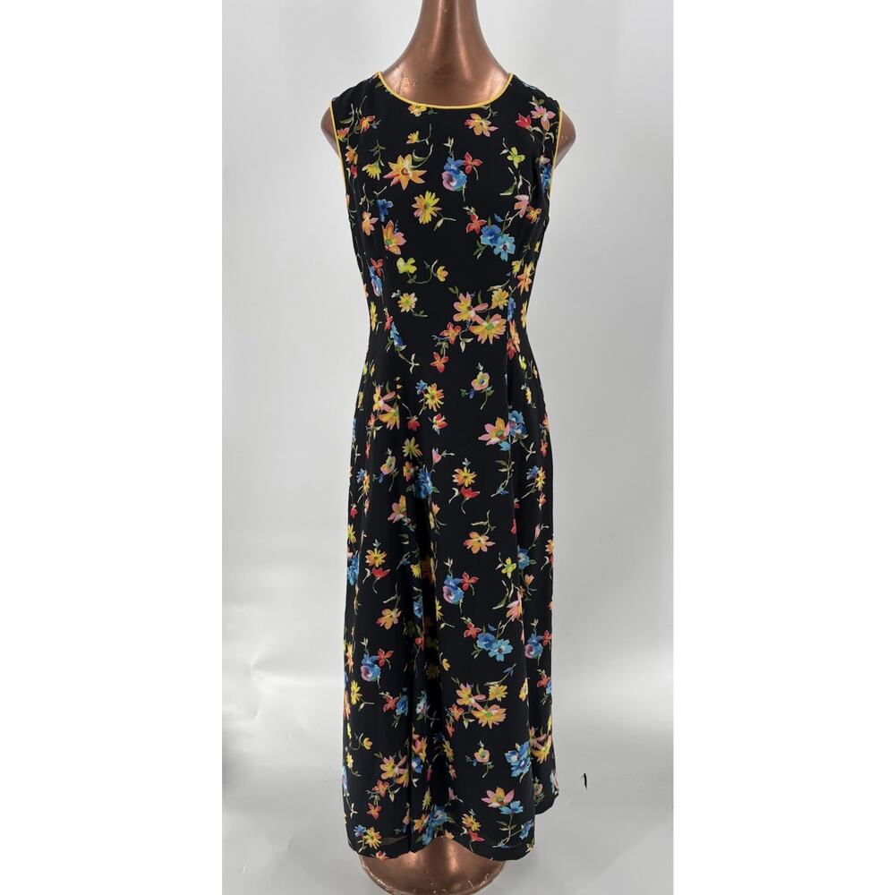 Althuser Vintage Dress Womens 8 Black Maxi Floral Print Sleeveless Lined 80s 90s